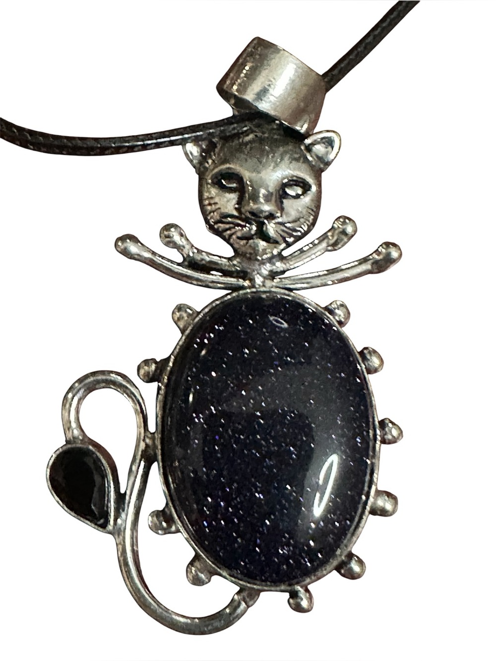 Silver Cat Pendant Necklace with Sparkling Blue stone